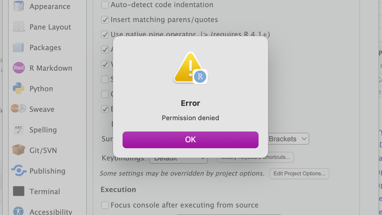 RStudioのGlobal Optionsの設定変更で”Permission Denied”と表示されるときの対処法